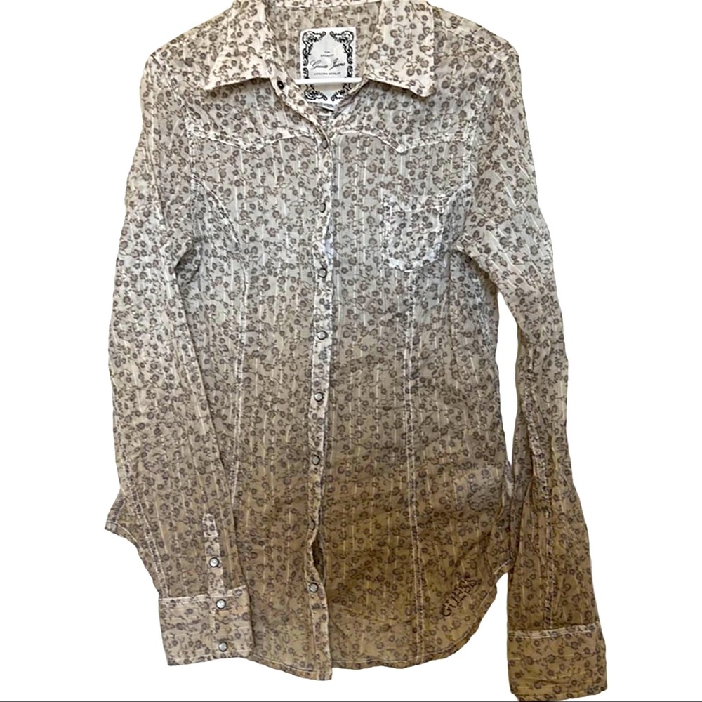 GUESS Women’s floral western pearl button snap long sleeve ombré blouse medium